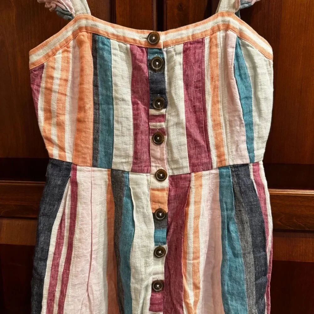 J.Crew 100% Linen Striped Midi Dress Ruffle Strap Button Front No Belt Size 2